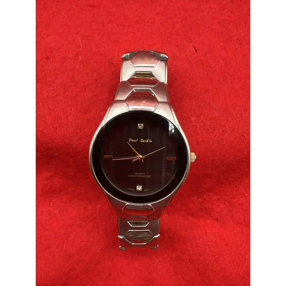Paul Jardin Dress Quartz Watch Black Dial Silver Metal Bracelet 22mm New Battery